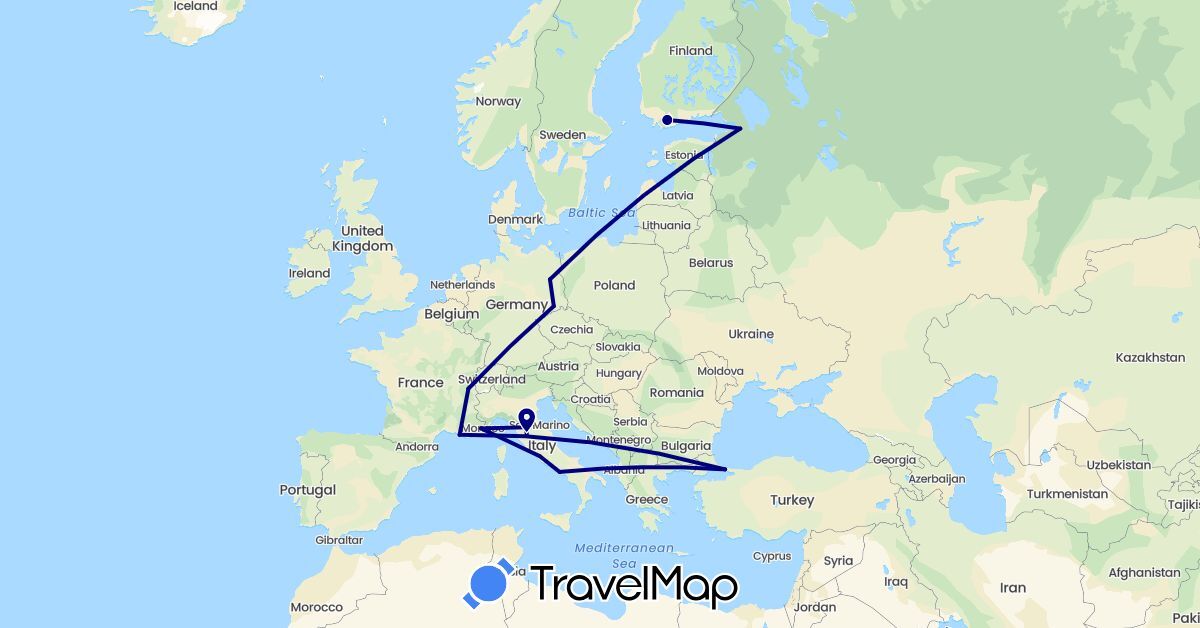 TravelMap itinerary: driving in Switzerland, Germany, Finland, France, Italy, Russia, Turkey (Asia, Europe)